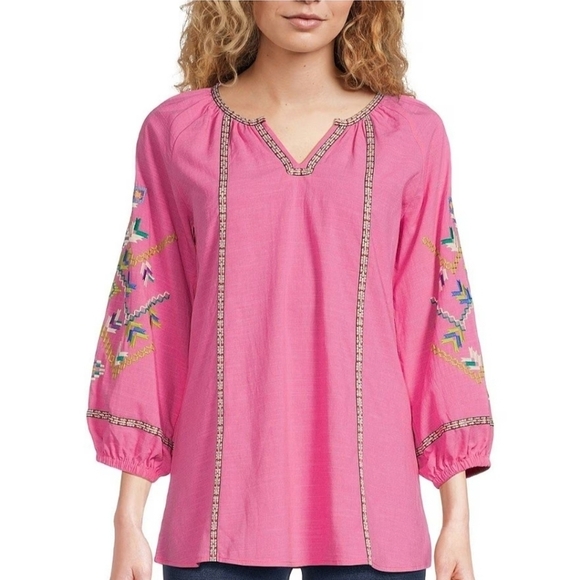 Calessa Tunic Embroidered Jewel Notch Neck Wrist Length Sleeve Pink Pull-On SZ L - Picture 15 of 15